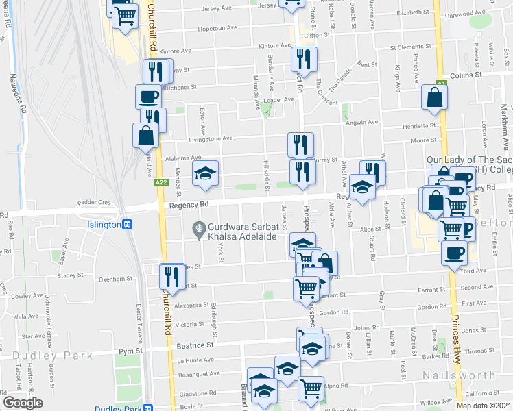 map of restaurants, bars, coffee shops, grocery stores, and more near 383 Regency Road in Prospect