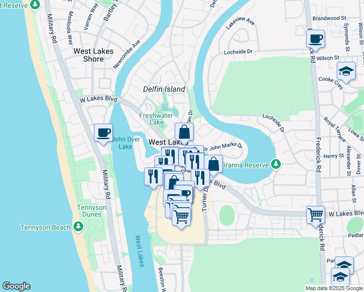 map of restaurants, bars, coffee shops, grocery stores, and more near Powell Court in West Lakes