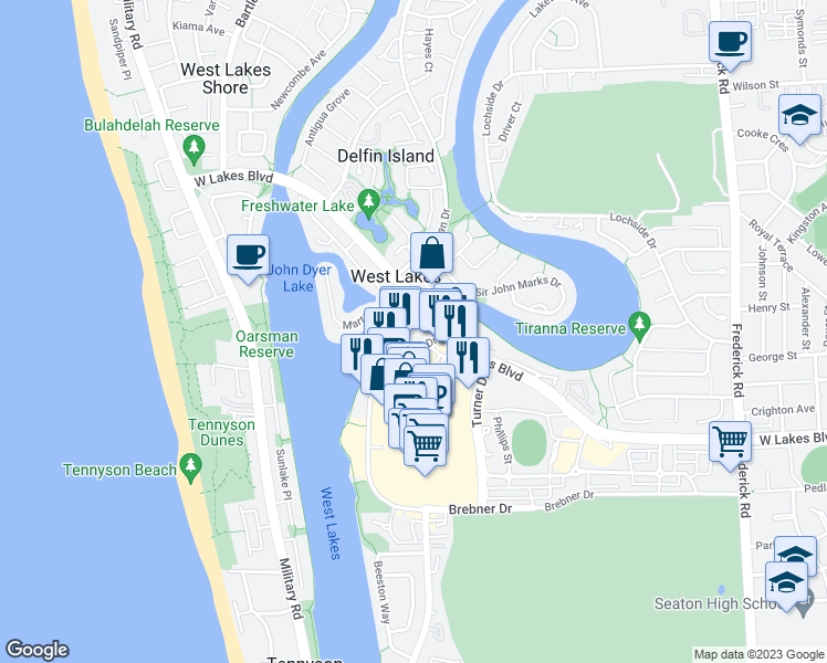 map of restaurants, bars, coffee shops, grocery stores, and more near 157 Brebner Drive in West Lakes
