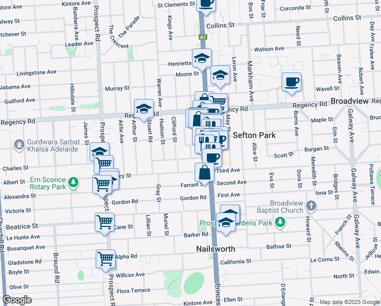 map of restaurants, bars, coffee shops, grocery stores, and more near 4 Grassmere Road in Prospect