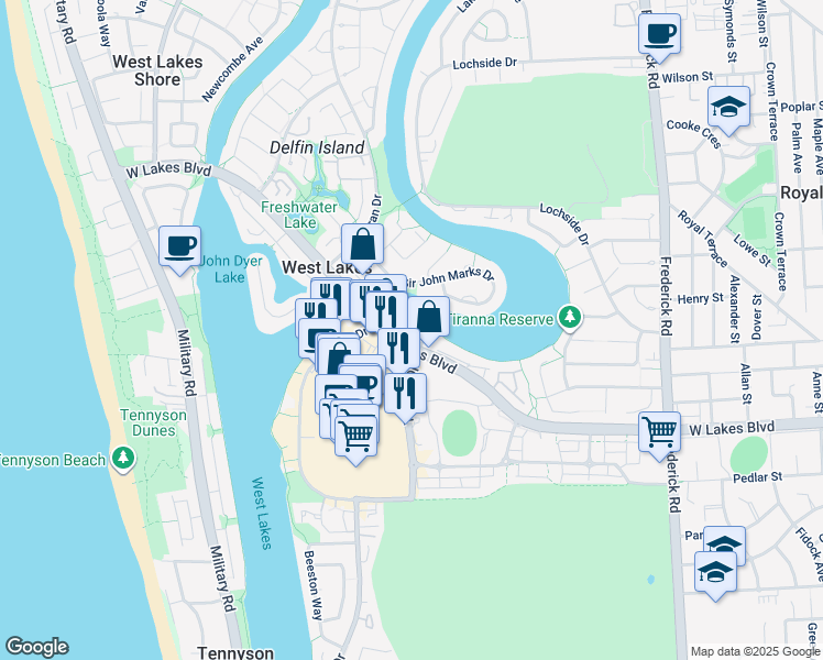 map of restaurants, bars, coffee shops, grocery stores, and more near 6 Sunrise Court in West Lakes
