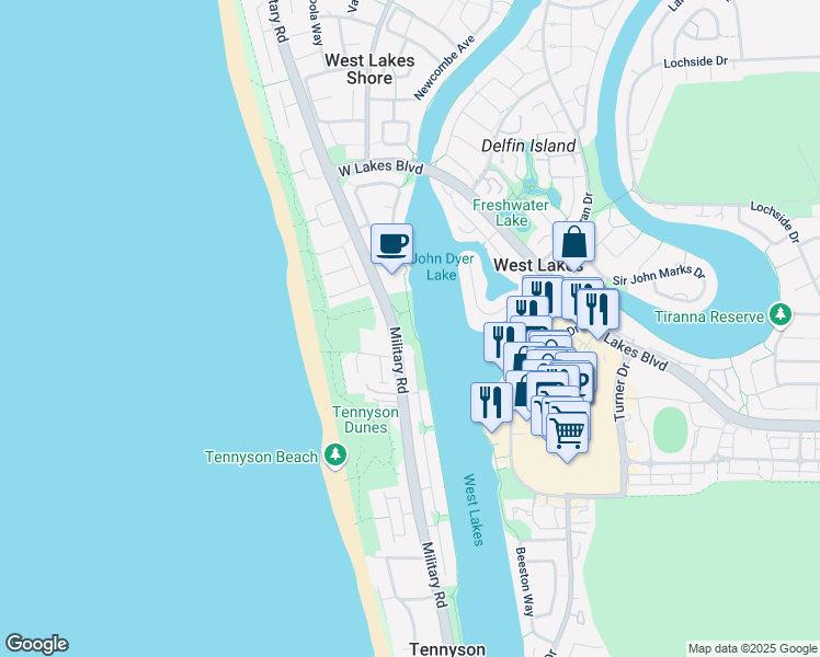 map of restaurants, bars, coffee shops, grocery stores, and more near Military Road in Tennyson