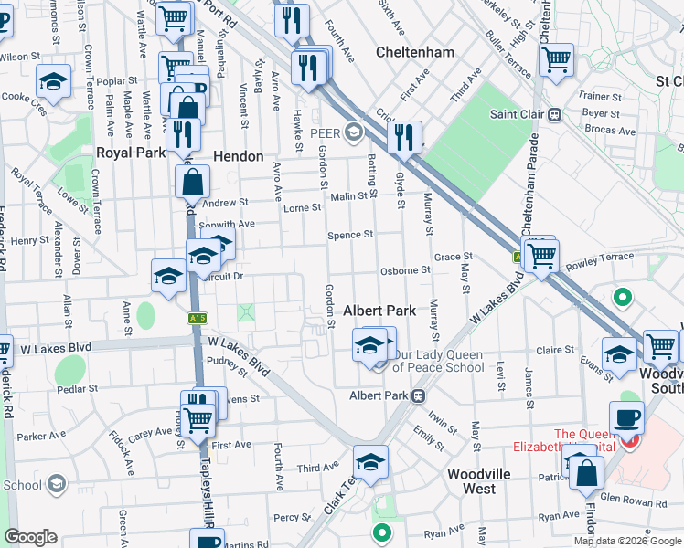 map of restaurants, bars, coffee shops, grocery stores, and more near 28 Osborne Street in Albert Park