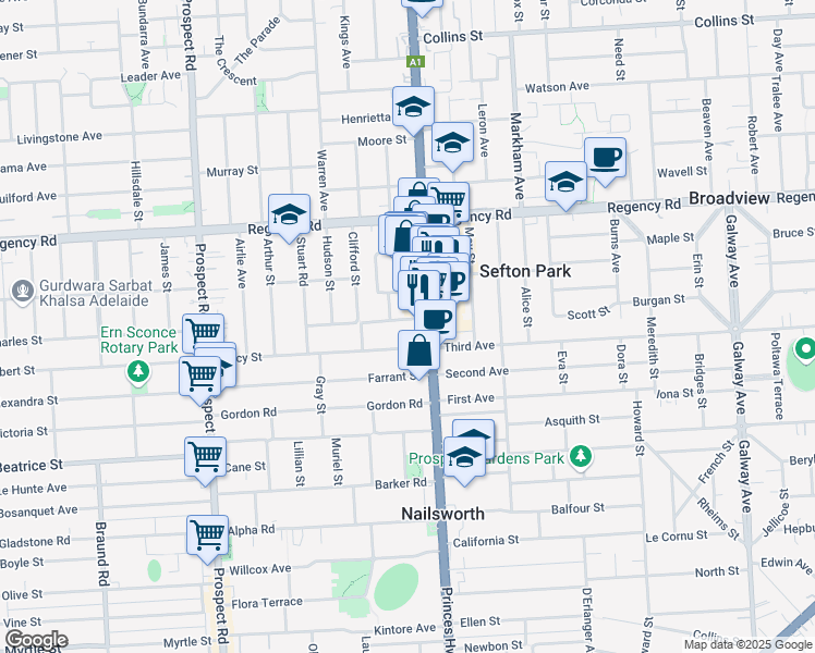 map of restaurants, bars, coffee shops, grocery stores, and more near 35 Edgeworth Street in Prospect