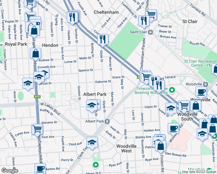 map of restaurants, bars, coffee shops, grocery stores, and more near 38 Murray Street in Albert Park
