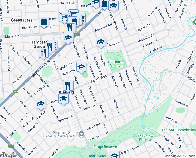 map of restaurants, bars, coffee shops, grocery stores, and more near Fourth Avenue in Klemzig