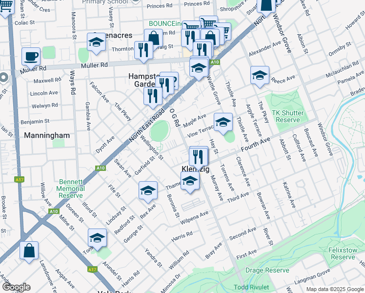 map of restaurants, bars, coffee shops, grocery stores, and more near 11-15 O G Road in Klemzig