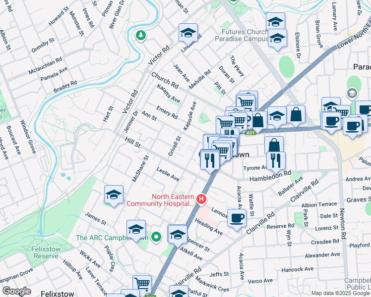 map of restaurants, bars, coffee shops, grocery stores, and more near 12 Chapel Street in Campbelltown