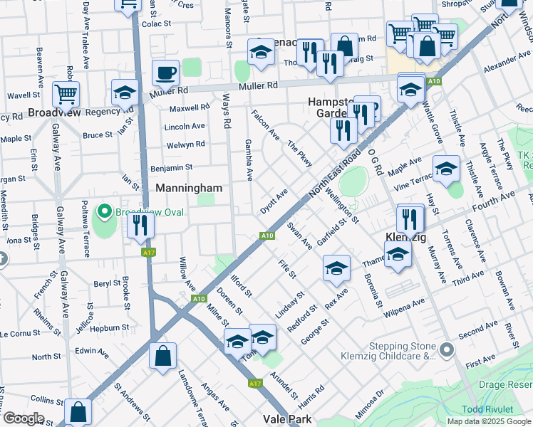 map of restaurants, bars, coffee shops, grocery stores, and more near 7 Dyott Avenue in Hampstead Gardens