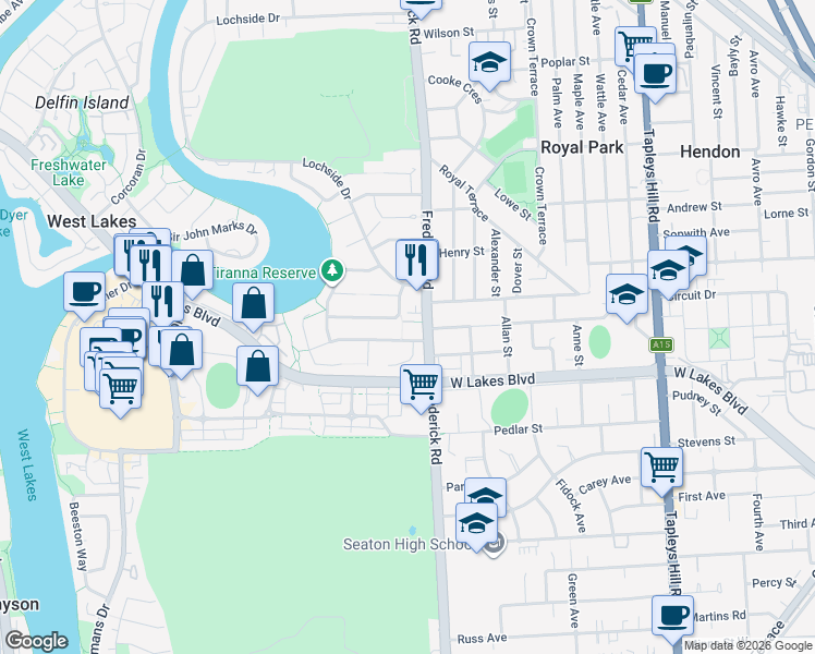 map of restaurants, bars, coffee shops, grocery stores, and more near 32 Frederick Road in West Lakes