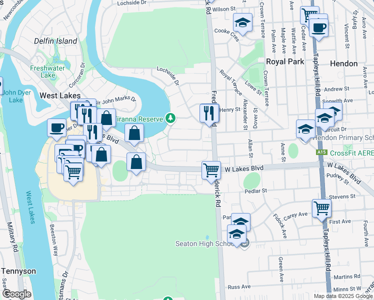 map of restaurants, bars, coffee shops, grocery stores, and more near Maramba Avenue in West Lakes
