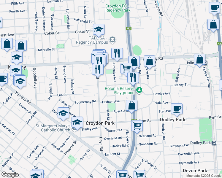 map of restaurants, bars, coffee shops, grocery stores, and more near 8 Mercedes Avenue in Croydon Park