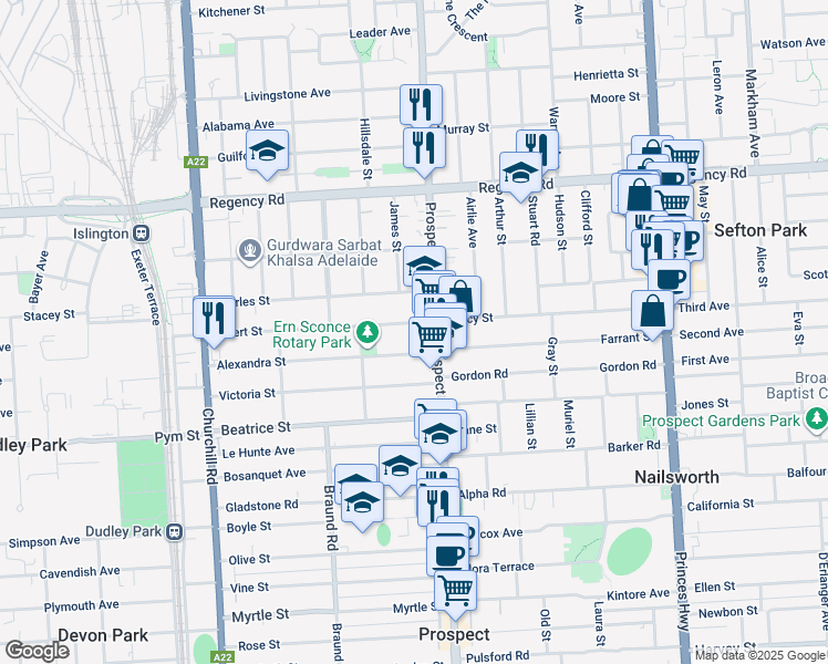 map of restaurants, bars, coffee shops, grocery stores, and more near 7 Albert Street in Prospect