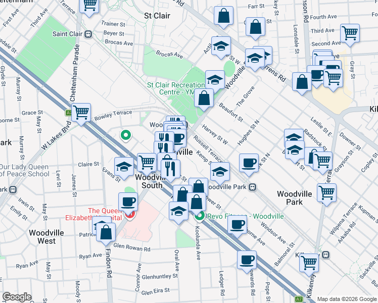 map of restaurants, bars, coffee shops, grocery stores, and more near 72 Woodville Road in Woodville