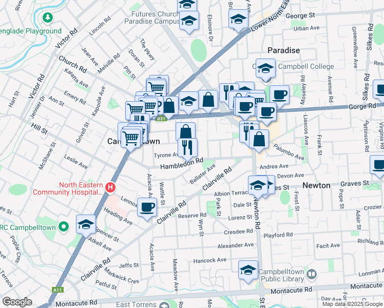 map of restaurants, bars, coffee shops, grocery stores, and more near 4 Glenton Street in Campbelltown