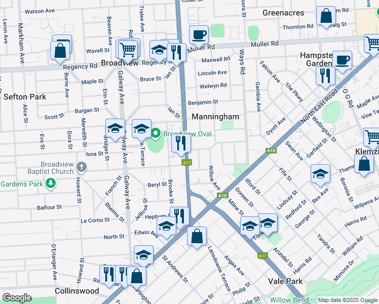 map of restaurants, bars, coffee shops, grocery stores, and more near 45 Hampstead Road in Manningham