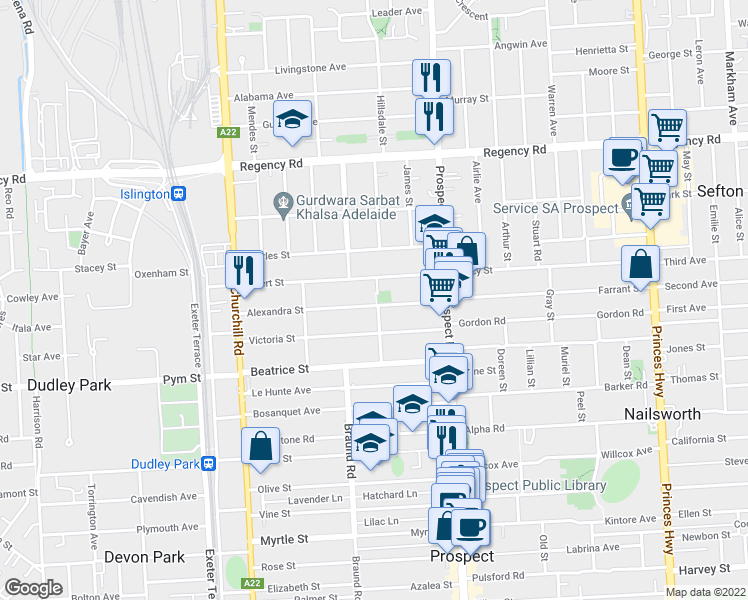 map of restaurants, bars, coffee shops, grocery stores, and more near 32 Alexandra Street in Prospect