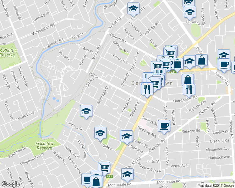 map of restaurants, bars, coffee shops, grocery stores, and more near 11B Leslie Avenue in Campbelltown