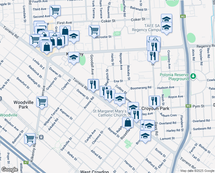 map of restaurants, bars, coffee shops, grocery stores, and more near 21 Margitich Street in Croydon Park