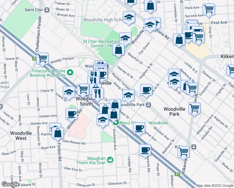 map of restaurants, bars, coffee shops, grocery stores, and more near 17 Norman Street in Woodville