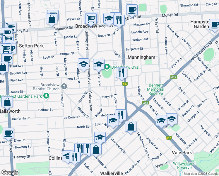 map of restaurants, bars, coffee shops, grocery stores, and more near 49 Collingrove Avenue in Broadview