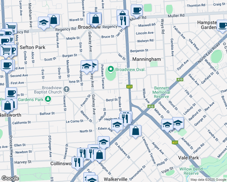 map of restaurants, bars, coffee shops, grocery stores, and more near 49 Collingrove Avenue in Broadview