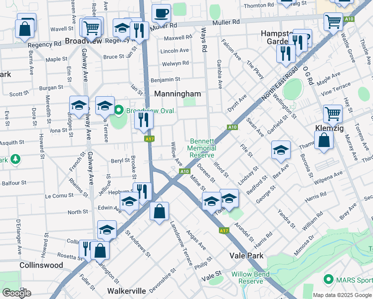 map of restaurants, bars, coffee shops, grocery stores, and more near 179 North East Road in Manningham