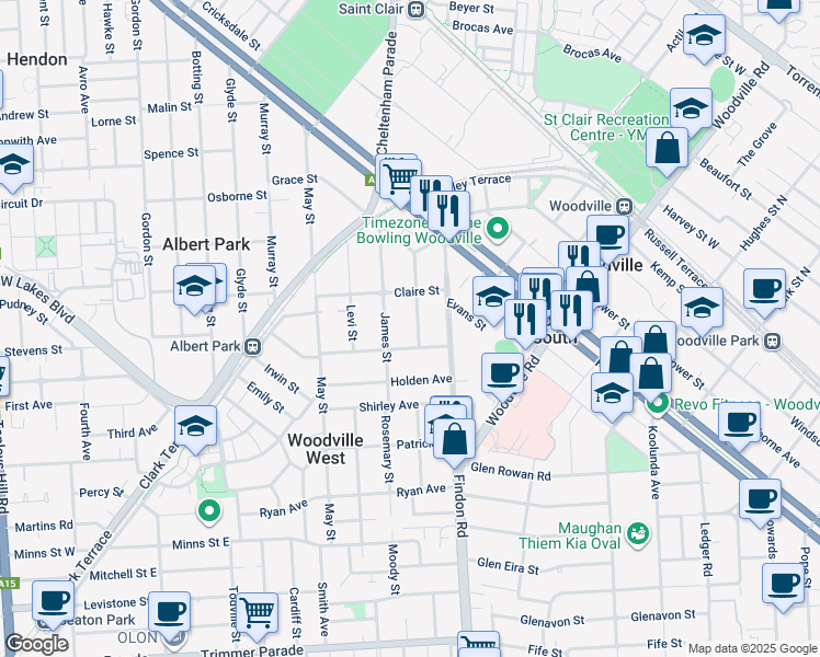 map of restaurants, bars, coffee shops, grocery stores, and more near 26 Green Road in Woodville West