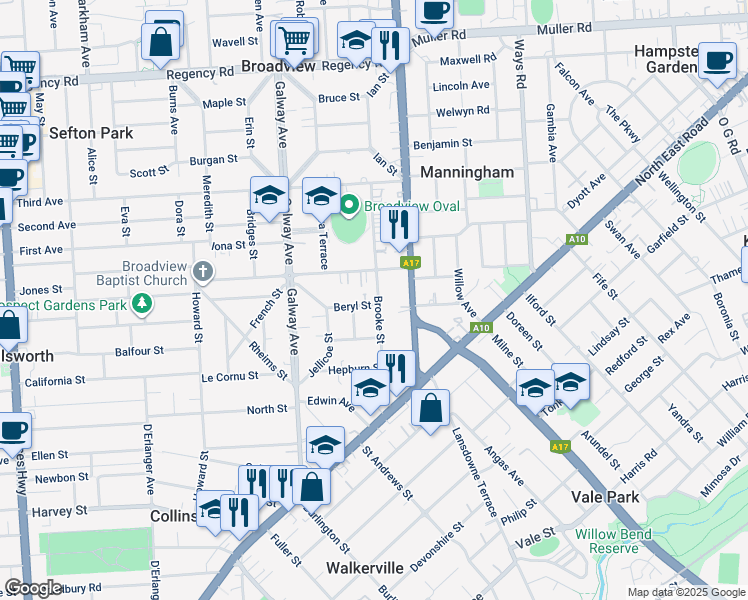 map of restaurants, bars, coffee shops, grocery stores, and more near 10 Brooke Street in Broadview