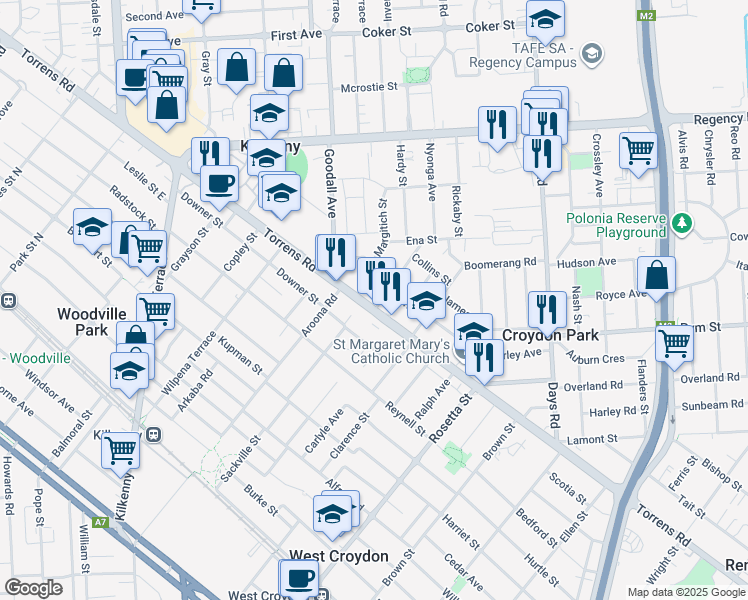 map of restaurants, bars, coffee shops, grocery stores, and more near 336 Torrens Road in Croydon Park
