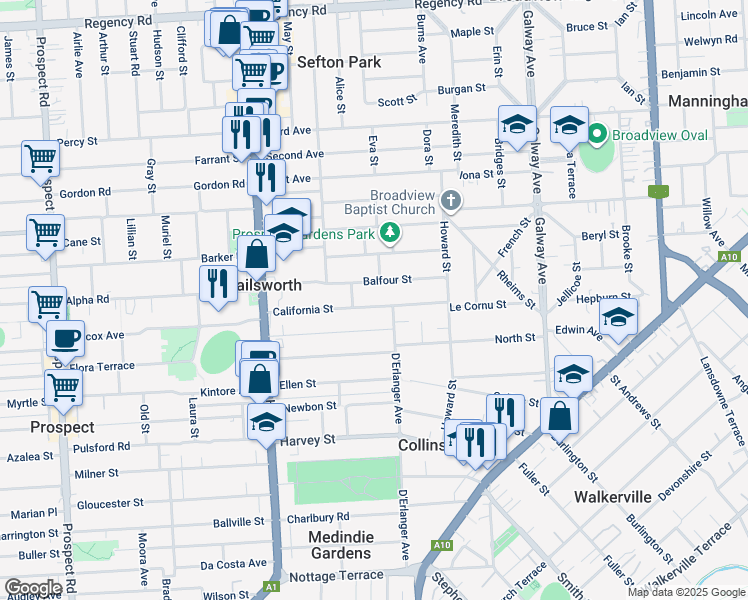 map of restaurants, bars, coffee shops, grocery stores, and more near 38 California Street in Nailsworth