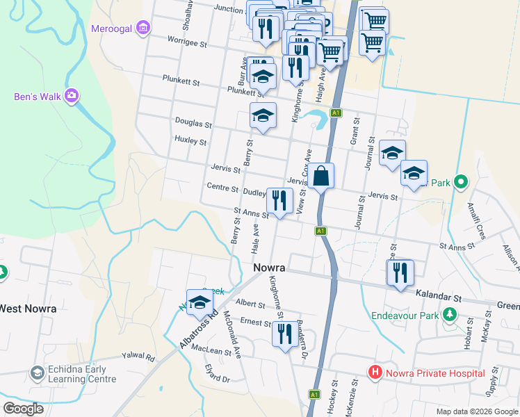 map of restaurants, bars, coffee shops, grocery stores, and more near 51 Saint Anns Street in Nowra