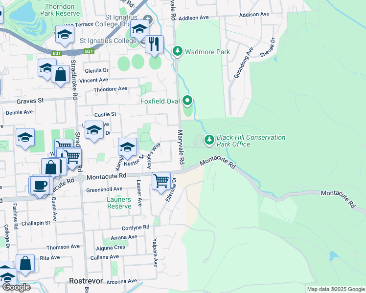 map of restaurants, bars, coffee shops, grocery stores, and more near 115 Maryvale Road in Athelstone