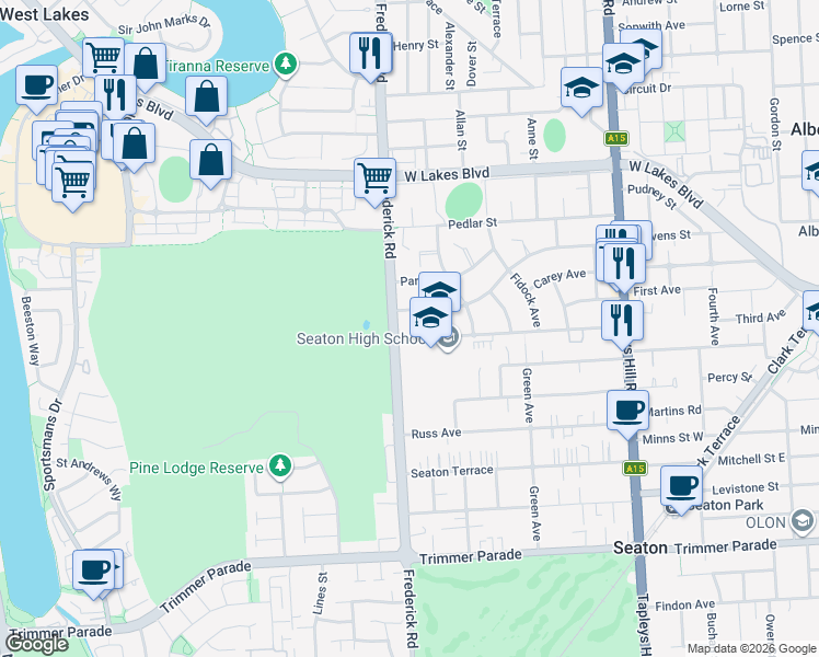 map of restaurants, bars, coffee shops, grocery stores, and more near Glenburnie Street in Seaton