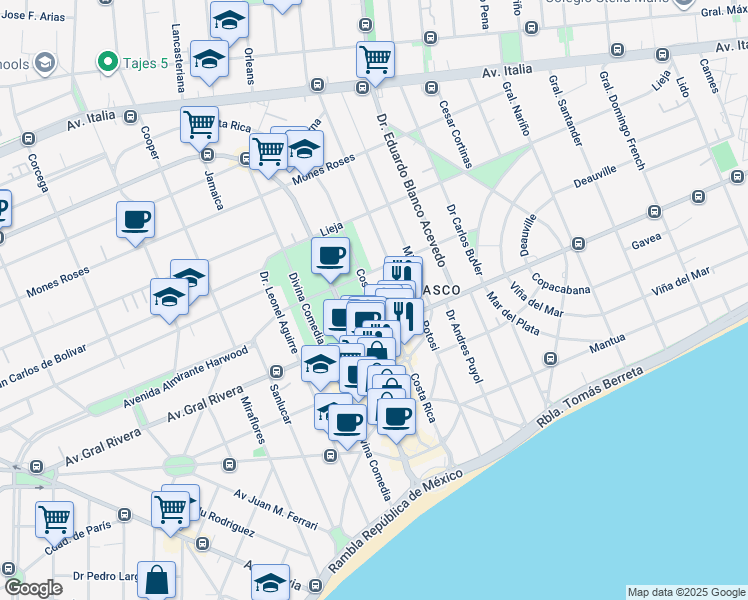 map of restaurants, bars, coffee shops, grocery stores, and more near 1720 Costa Rica in Montevideo