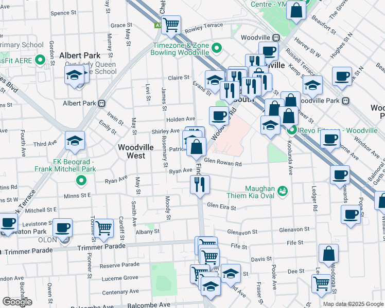 map of restaurants, bars, coffee shops, grocery stores, and more near 76 Findon Road in Woodville West
