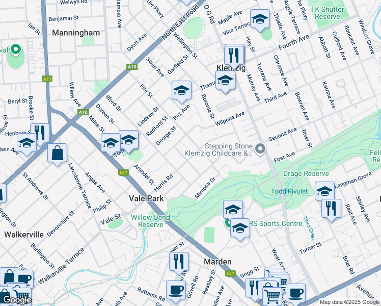 map of restaurants, bars, coffee shops, grocery stores, and more near 46 Harris Road in Vale Park