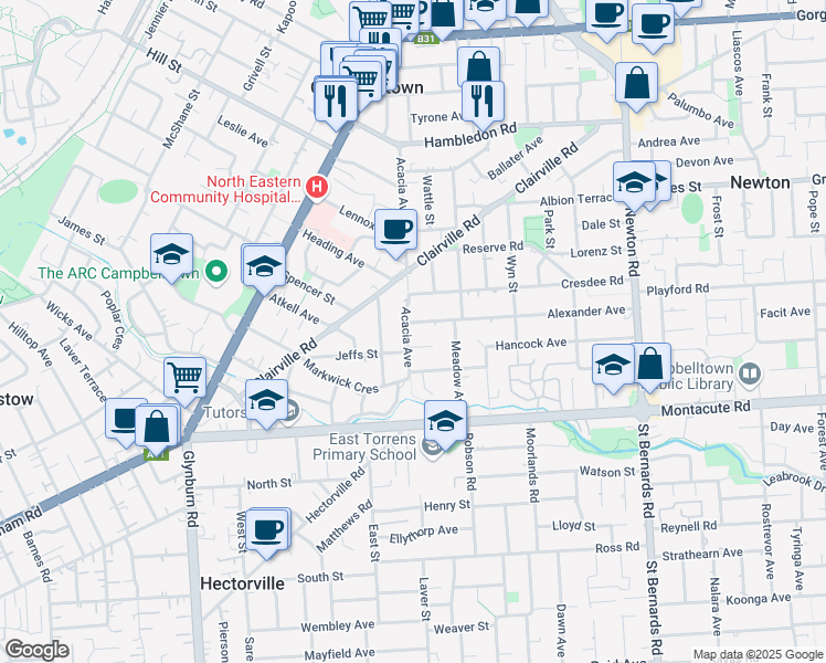 map of restaurants, bars, coffee shops, grocery stores, and more near 17 Acacia Avenue in Campbelltown