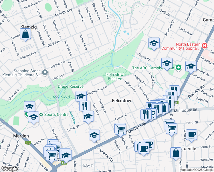 map of restaurants, bars, coffee shops, grocery stores, and more near Langman Grove in Felixstow