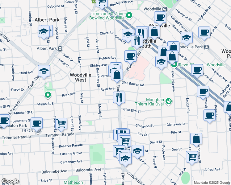 map of restaurants, bars, coffee shops, grocery stores, and more near 100 Findon Road in Woodville West