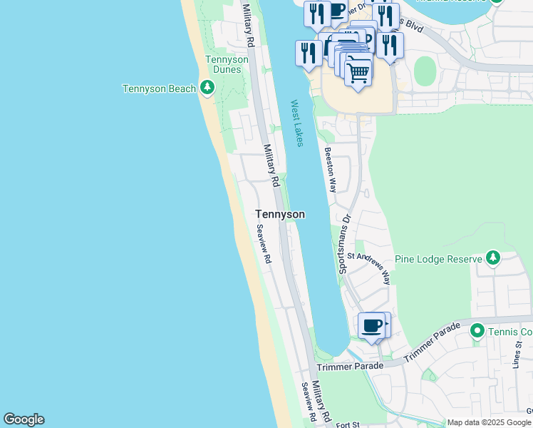 map of restaurants, bars, coffee shops, grocery stores, and more near Moredun Street in Tennyson
