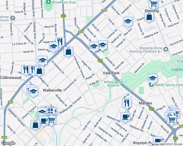map of restaurants, bars, coffee shops, grocery stores, and more near 38A Angas Avenue in Vale Park