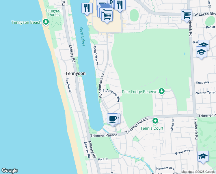 map of restaurants, bars, coffee shops, grocery stores, and more near 26A Saint Andrews Way in West Lakes