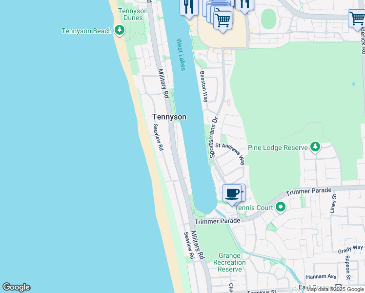 map of restaurants, bars, coffee shops, grocery stores, and more near 74 Military Road in Tennyson