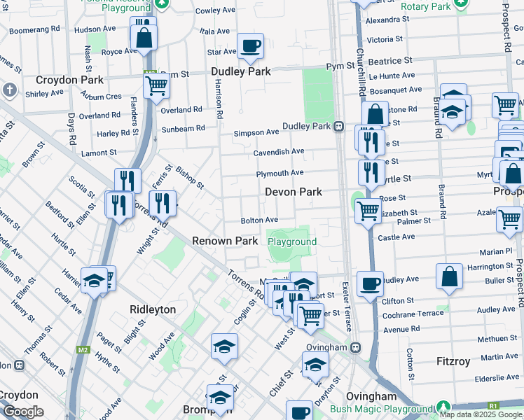 map of restaurants, bars, coffee shops, grocery stores, and more near 5 Byrness Avenue in Devon Park