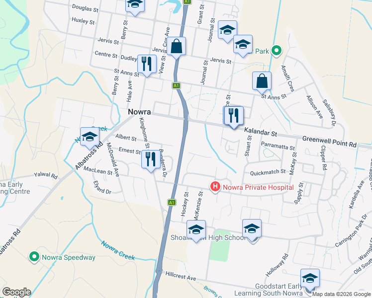 map of restaurants, bars, coffee shops, grocery stores, and more near 5 Jaycee Avenue in Nowra