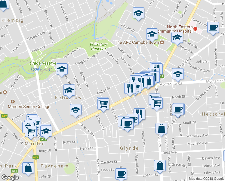 map of restaurants, bars, coffee shops, grocery stores, and more near 11 Cardigan Avenue in Felixstow