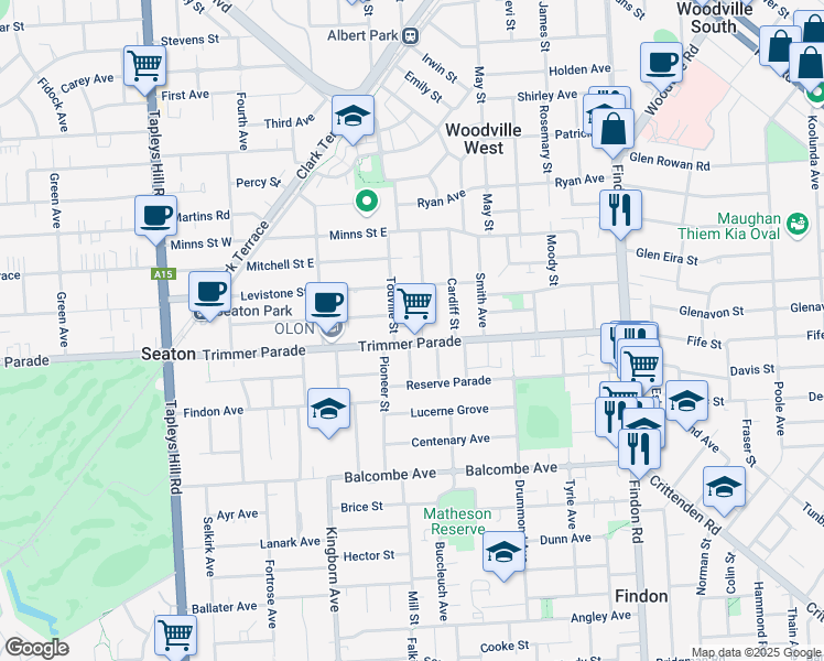 map of restaurants, bars, coffee shops, grocery stores, and more near 54 Trimmer Parade in Woodville West