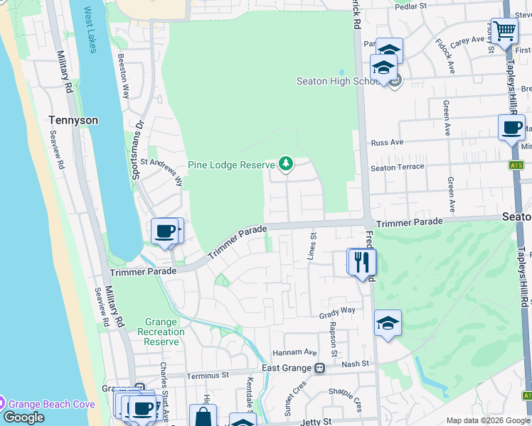 map of restaurants, bars, coffee shops, grocery stores, and more near 7 Pampas Court in Grange