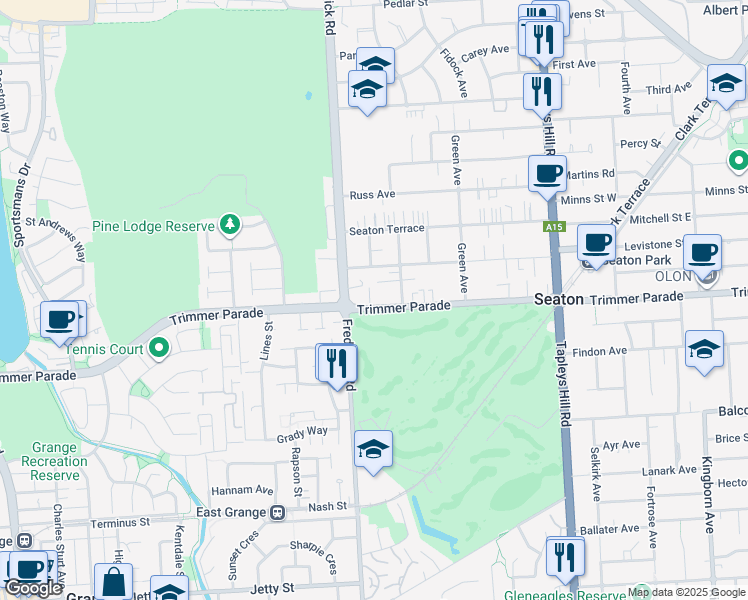 map of restaurants, bars, coffee shops, grocery stores, and more near 208 Trimmer Parade in Seaton